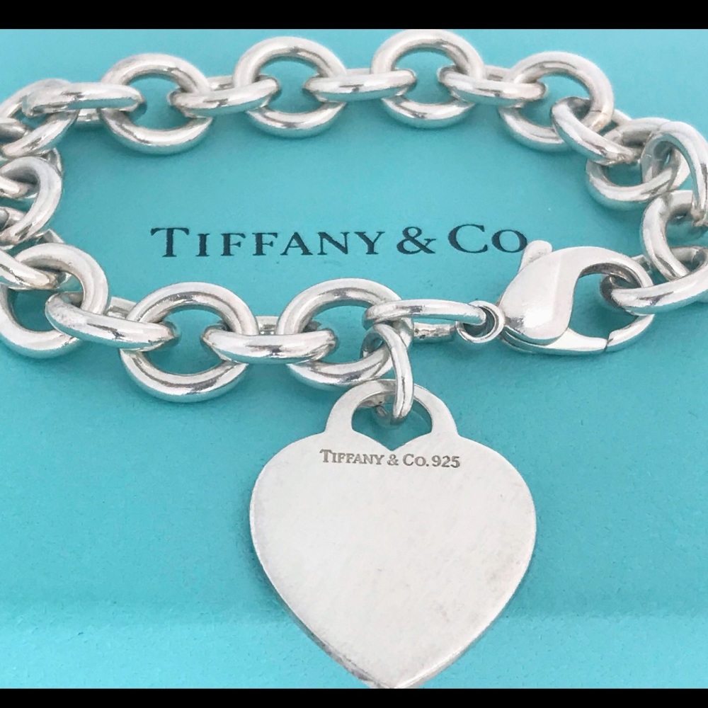 Tiffany & Co. Silver Heart Tag Charm Link Bracelet on Blue